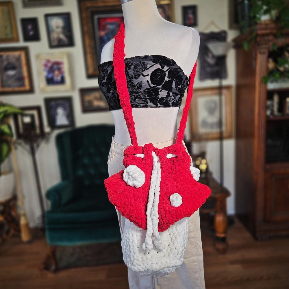 Mushroom Bag Handmade Crochet Red White Toadstool Cottagecore Drawstring Purse